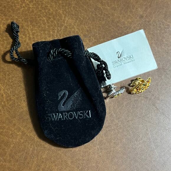 Vintage Swarovski Swan Lapel Tac Pins Gold Silver Rainbow Yellow Crystals Brooch - Picture 6 of 6